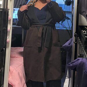 Cashmere Wool Blend Belted Hooded Coat, Deep Brown / Dark Gray, SMALL/MEDIUM